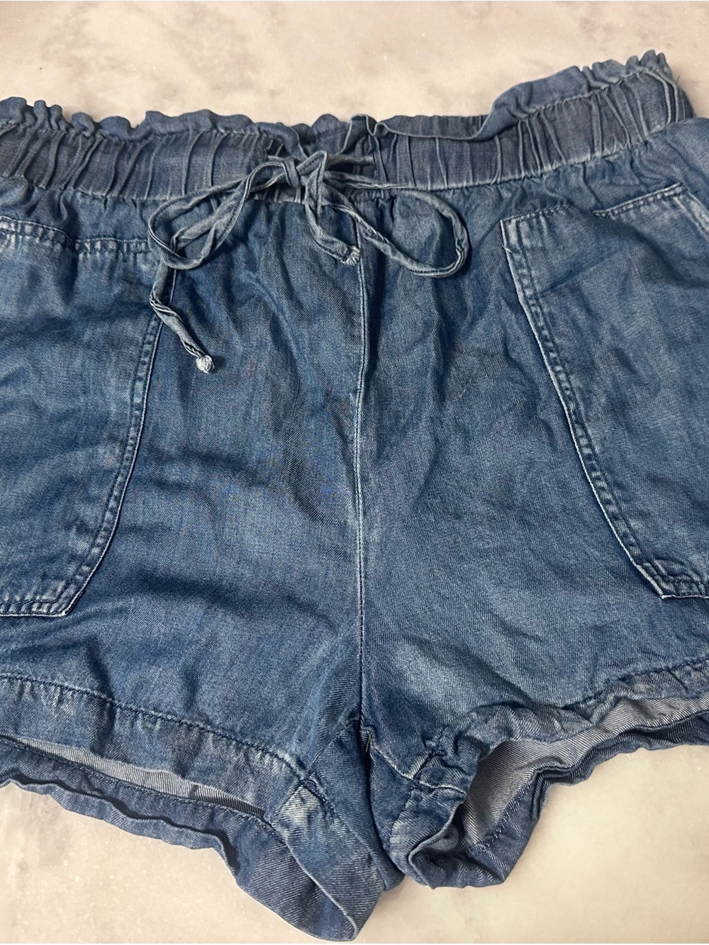 Pink Lily Blue Denim Paperbag Waist Drawstring Shorts